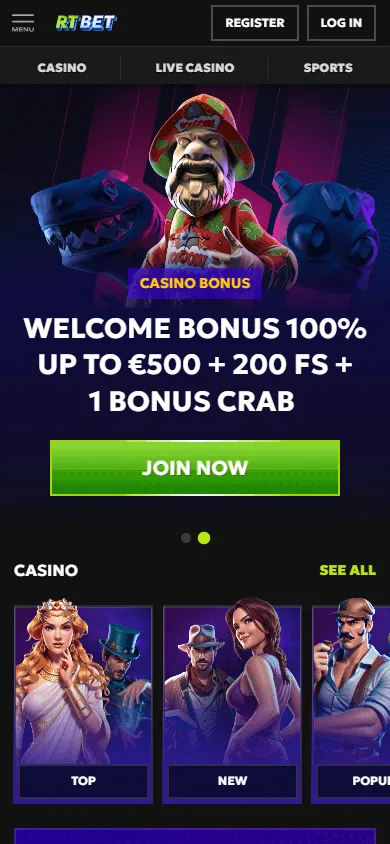 Rtbet Casino mobile browser home view