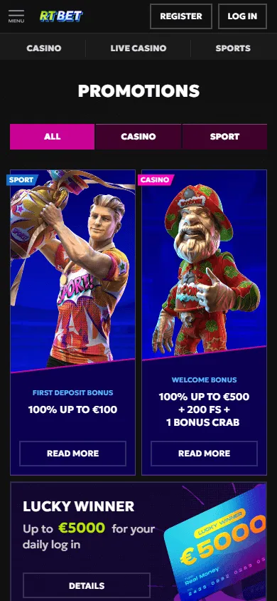 Rtbet Casino mobile browser promotions view