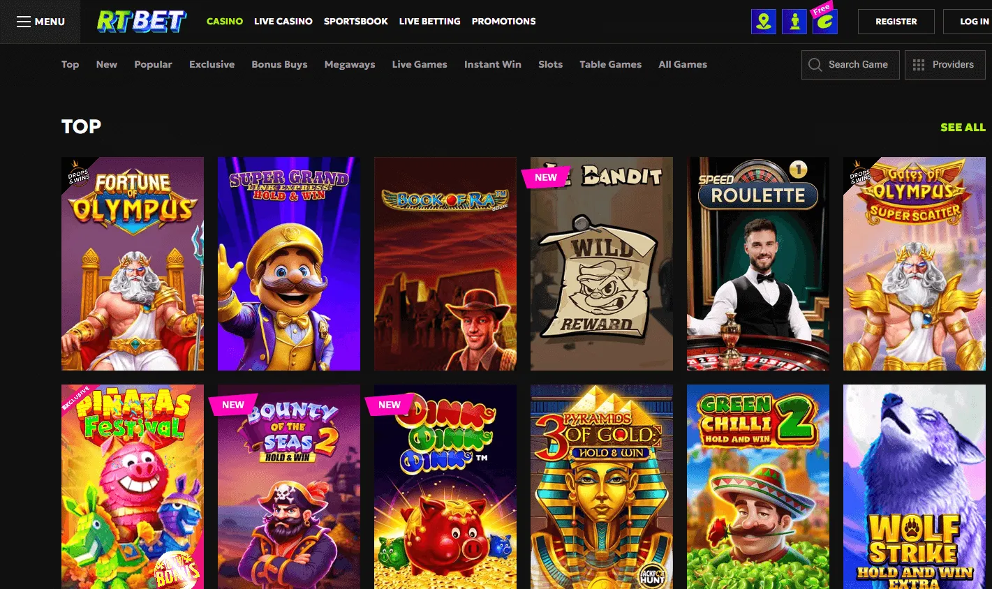 Rtbet Casino desktop games view with casino and live game categories