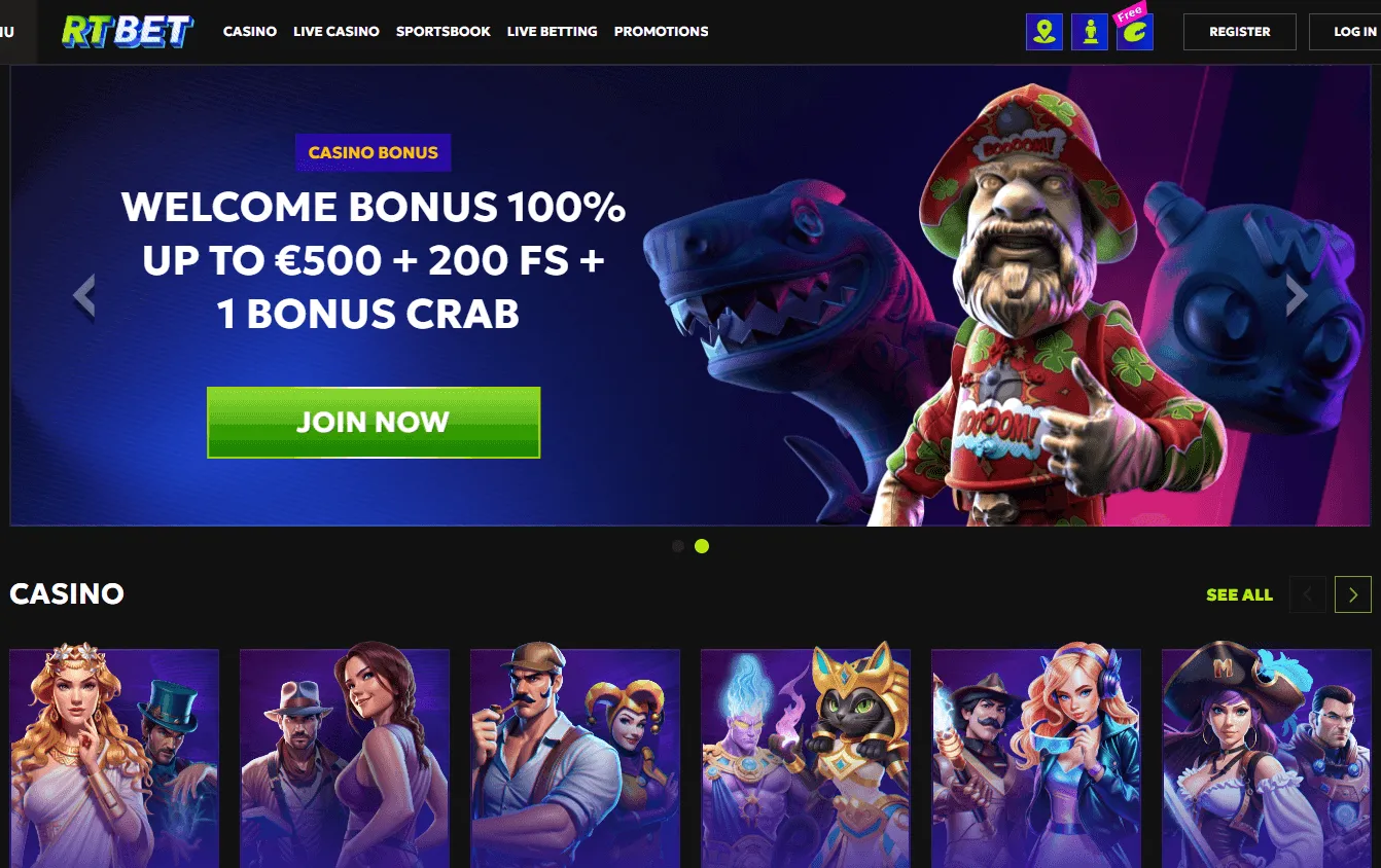 Rtbet Casino desktop home view with casino, sportsbook and welcome offer