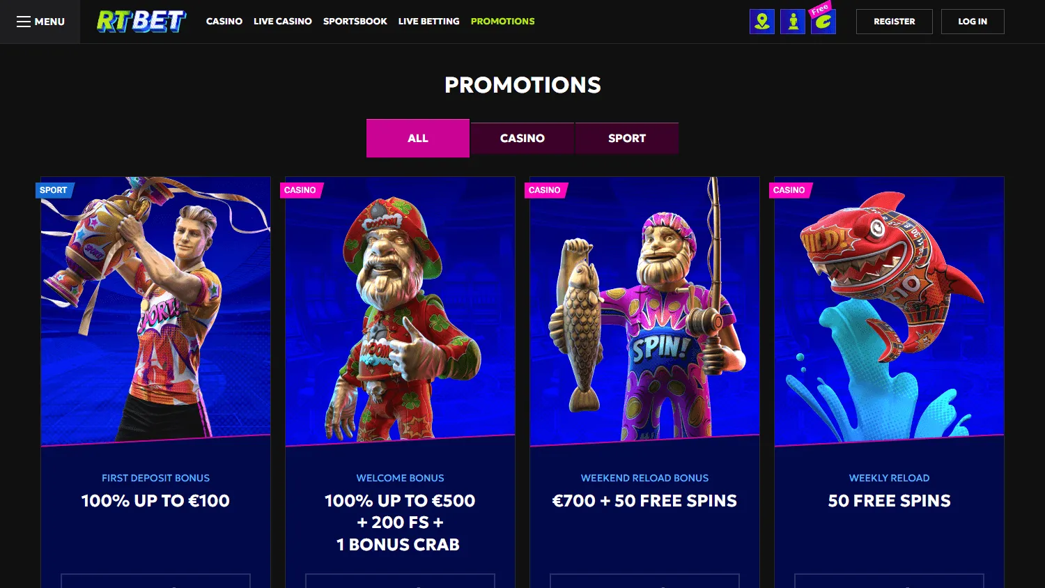 Rtbet Casino desktop promotions view with welcome and ongoing offers